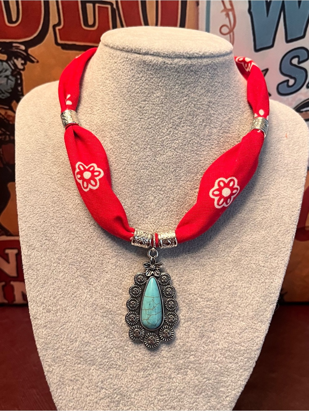 Red Bandana Style Necklace with Turquoise Teardrop Pendant